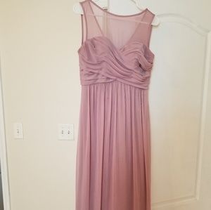 Long illusion neckline bridesmaids dress in quartz